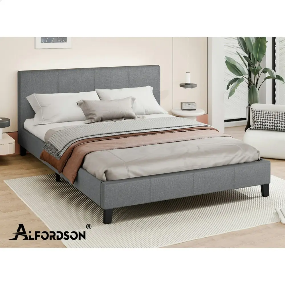 Alfordson Bed Frame Queen Size Mattress Base Wooden Platform Fabric Grey