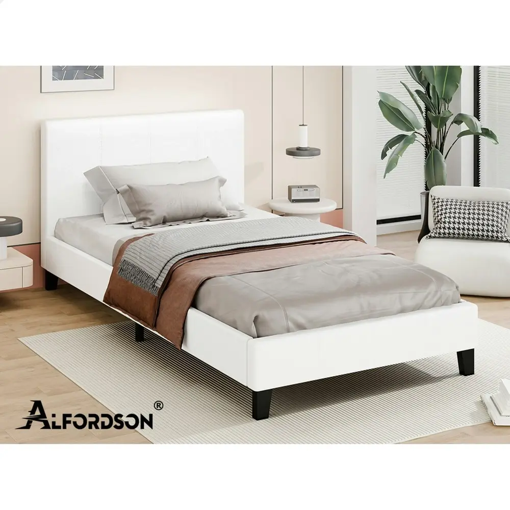 Alfordson Bed Frame King Single Mattress Base Wooden Platform Leather White