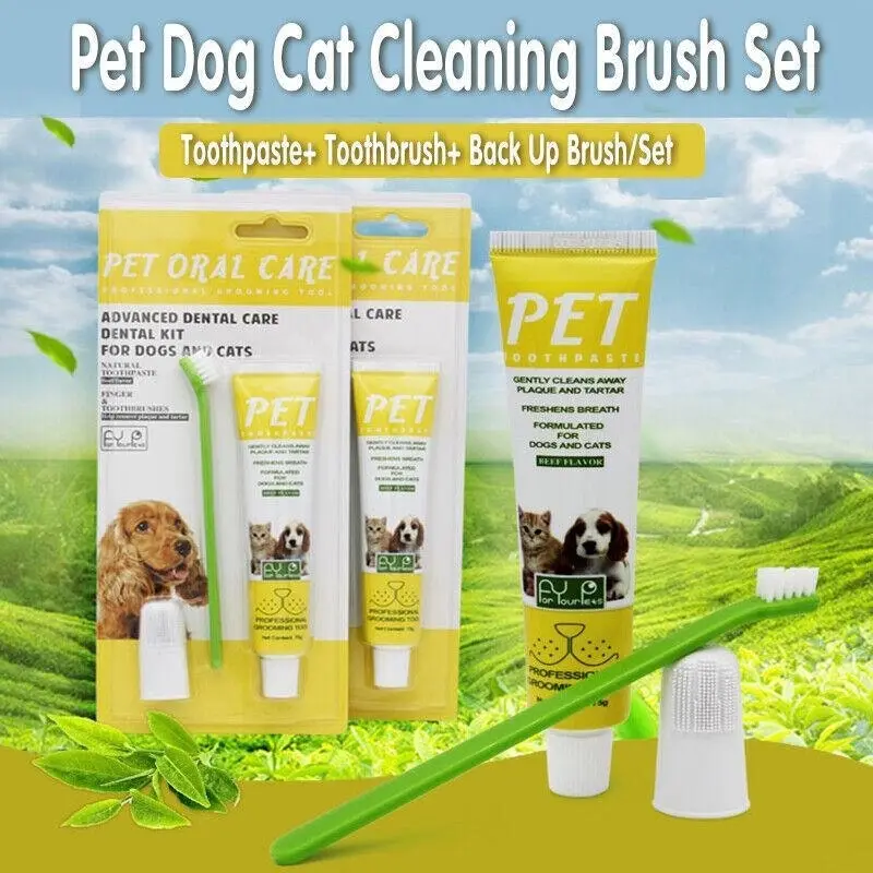 1X Pet Dog Cat Cleaning Toothpaste+Toothbrush+ Back Up Brush Set Beef Flavour