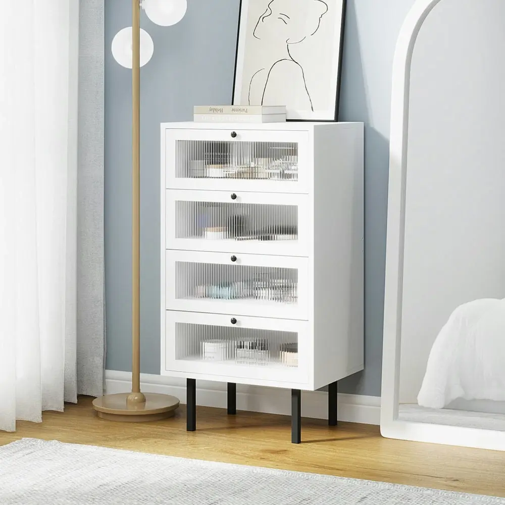 4 Chest of Drawers Tempered Glass Doors White