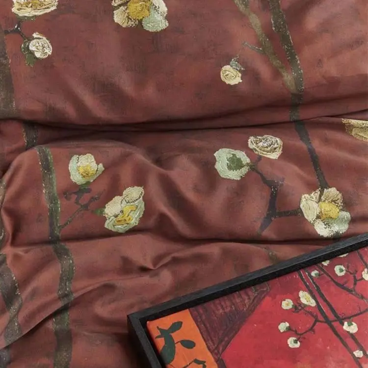 Bedding House Van Gogh Plum Blossoms Red Cotton Sateen Quilt Cover Set