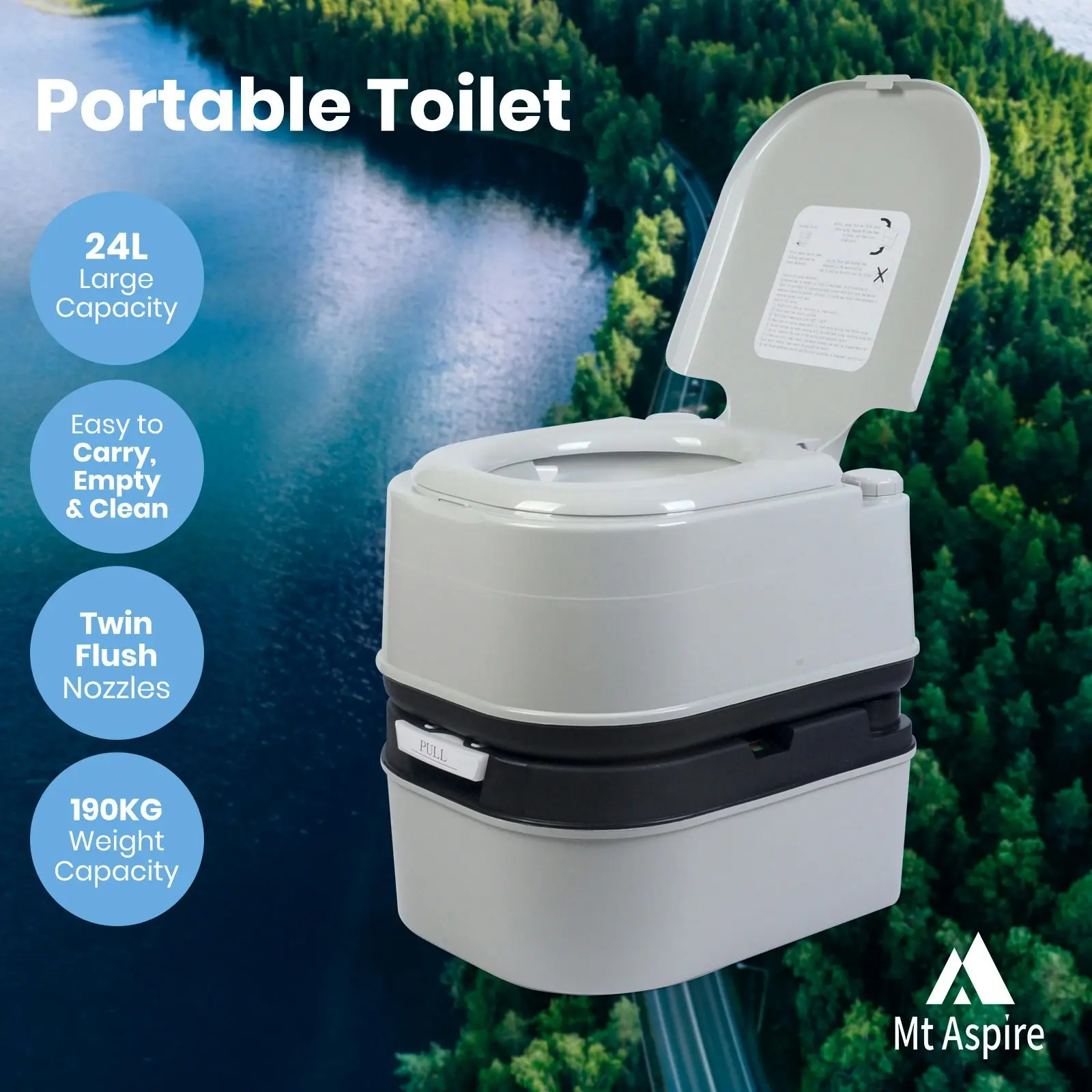 Mt Aspire 24L Portable Toilet Flushable Outdoor Camping Potty Bucket Caravan Travel Boating