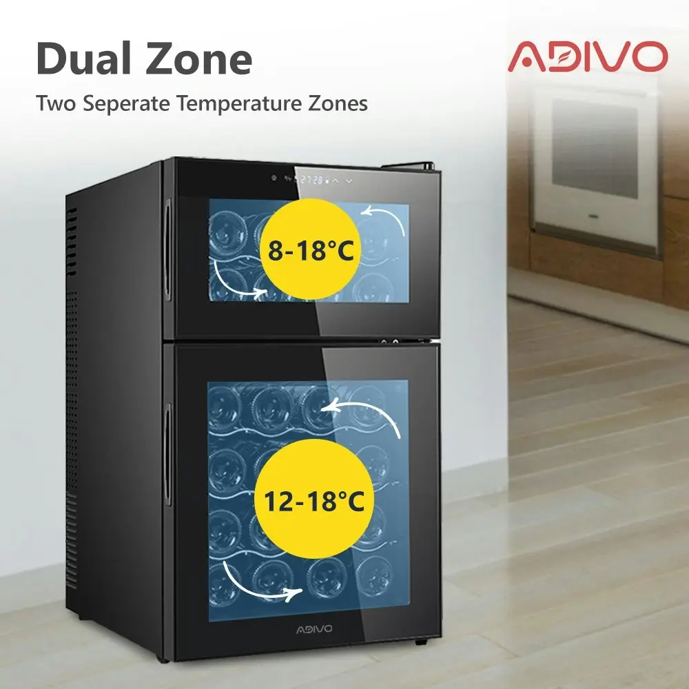 ADIVO 24 Bottle Dual Zone Wine Cooler Fridge Compressor Cellar Chiller Black