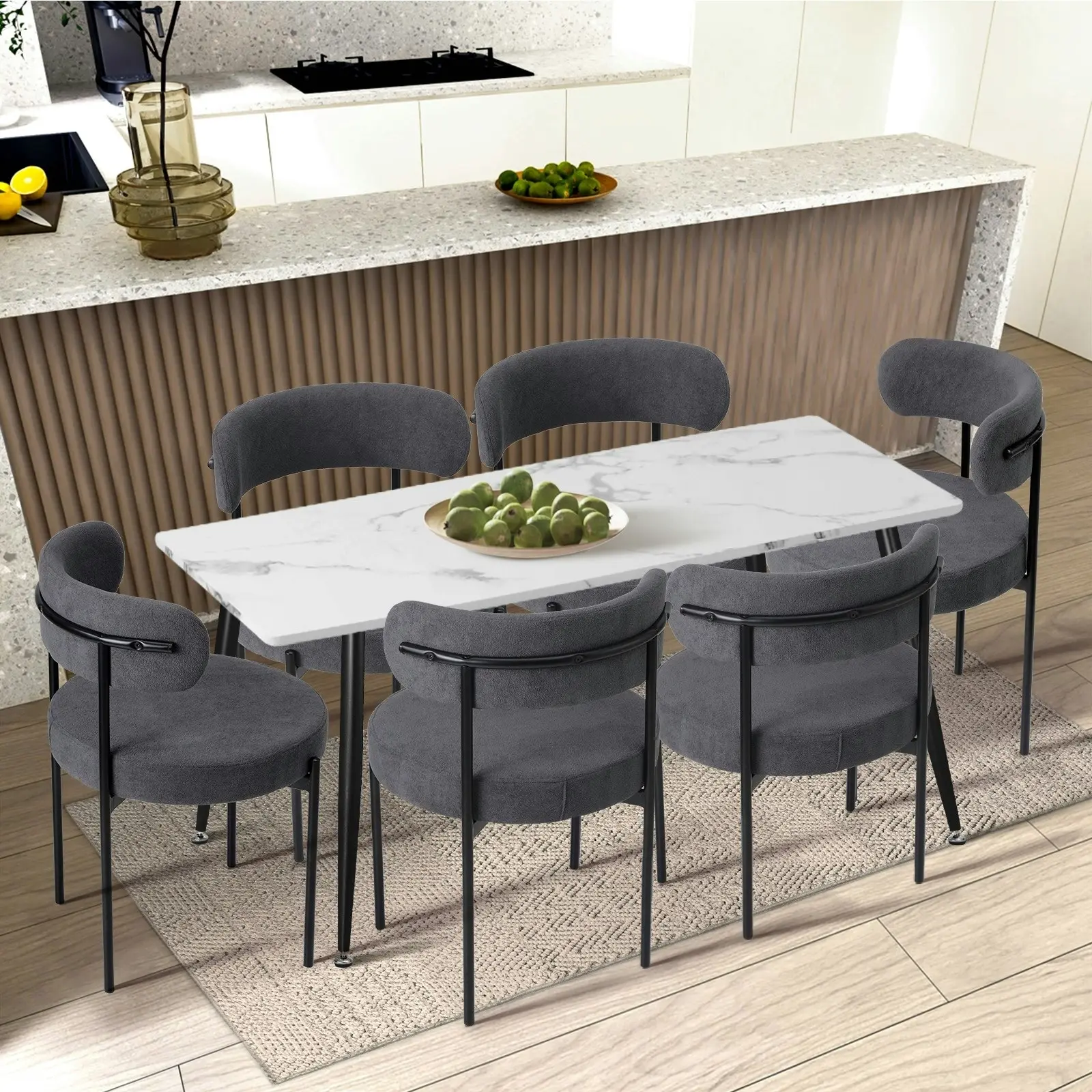 Oikiture 4x Dining Chair Round Boucle Kitchen Lounge Seats Backrest Dark Grey