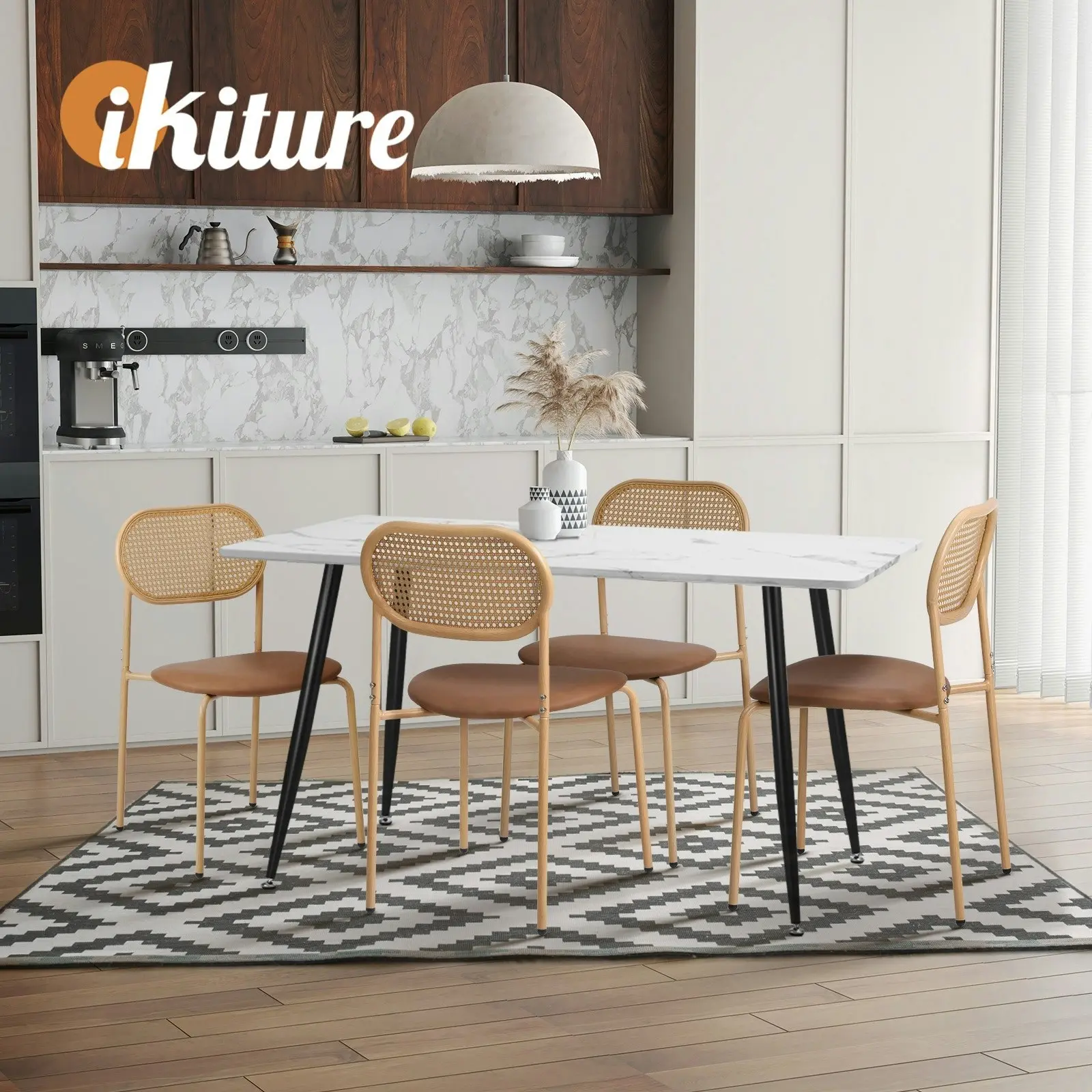 Oikiture 6PCS Dining Chair Accent Chairs Rattan Furniture PU Leather Brown