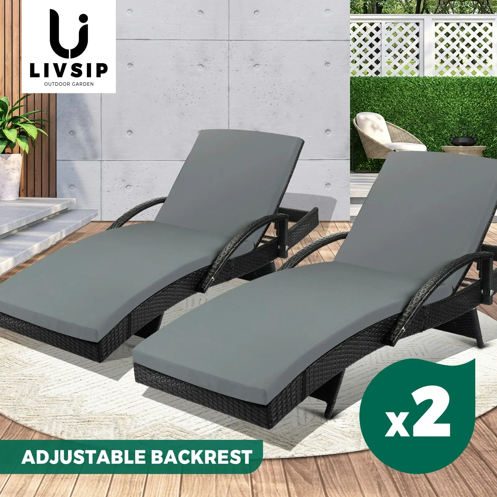 Livsip Sun Lounger Wicker Lounge Outdoor Furniture Patio Set Day Bed Cushion 2X