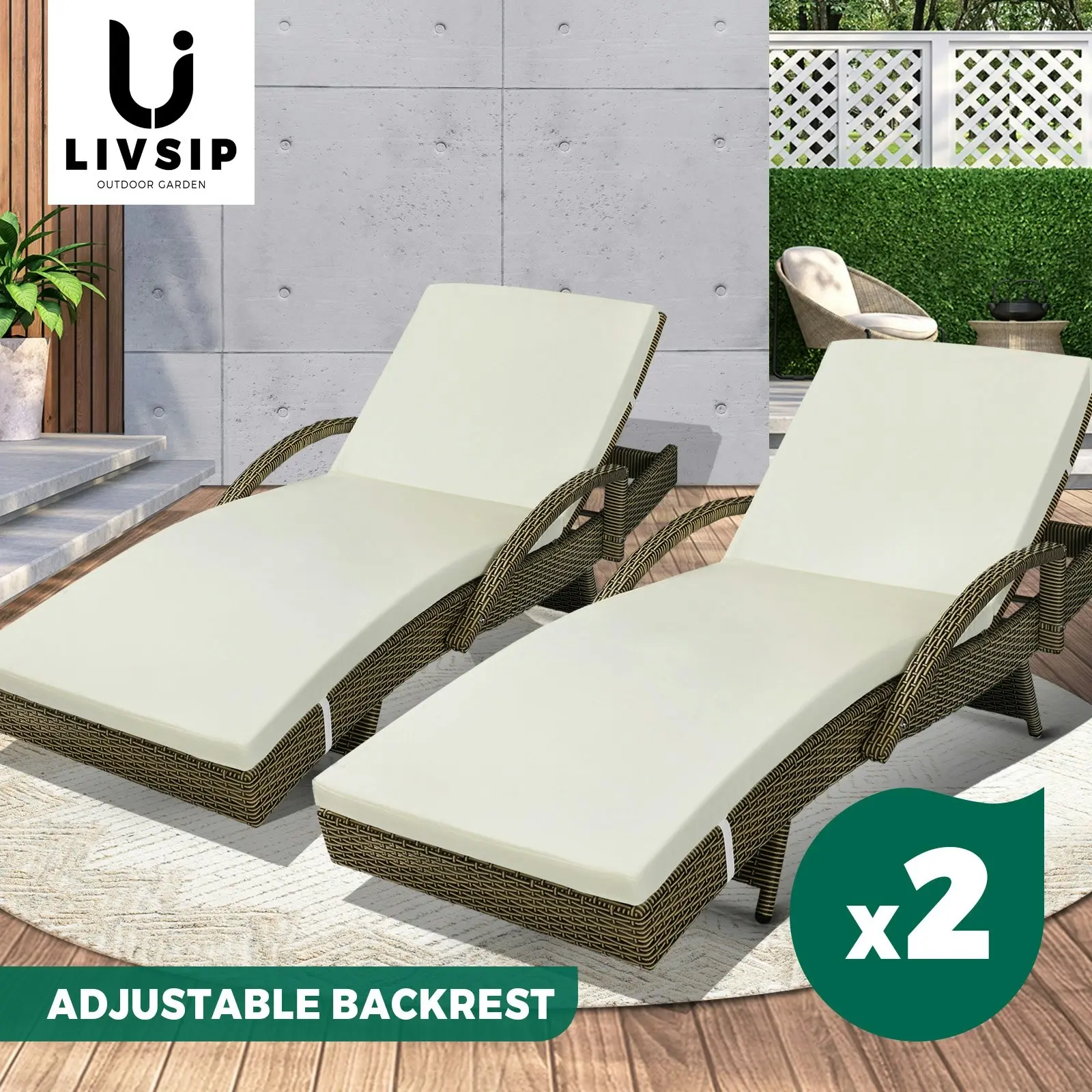 Livsip 2X Sun Lounger Wicker Lounge Day Bed Patio Sofa Cushion Outdoor Furniture