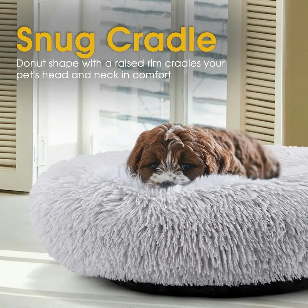 Petzly Dog Cat Calming Bed Warm Soft Plush Round Waterproof 70CM Bed Light Grey