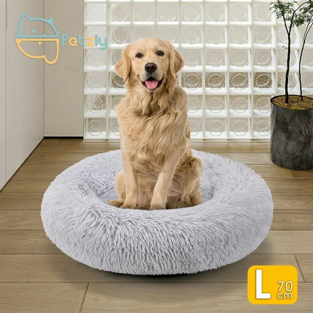 Petzly Dog Cat Calming Bed Warm Soft Plush Round Waterproof 70CM Bed Light Grey