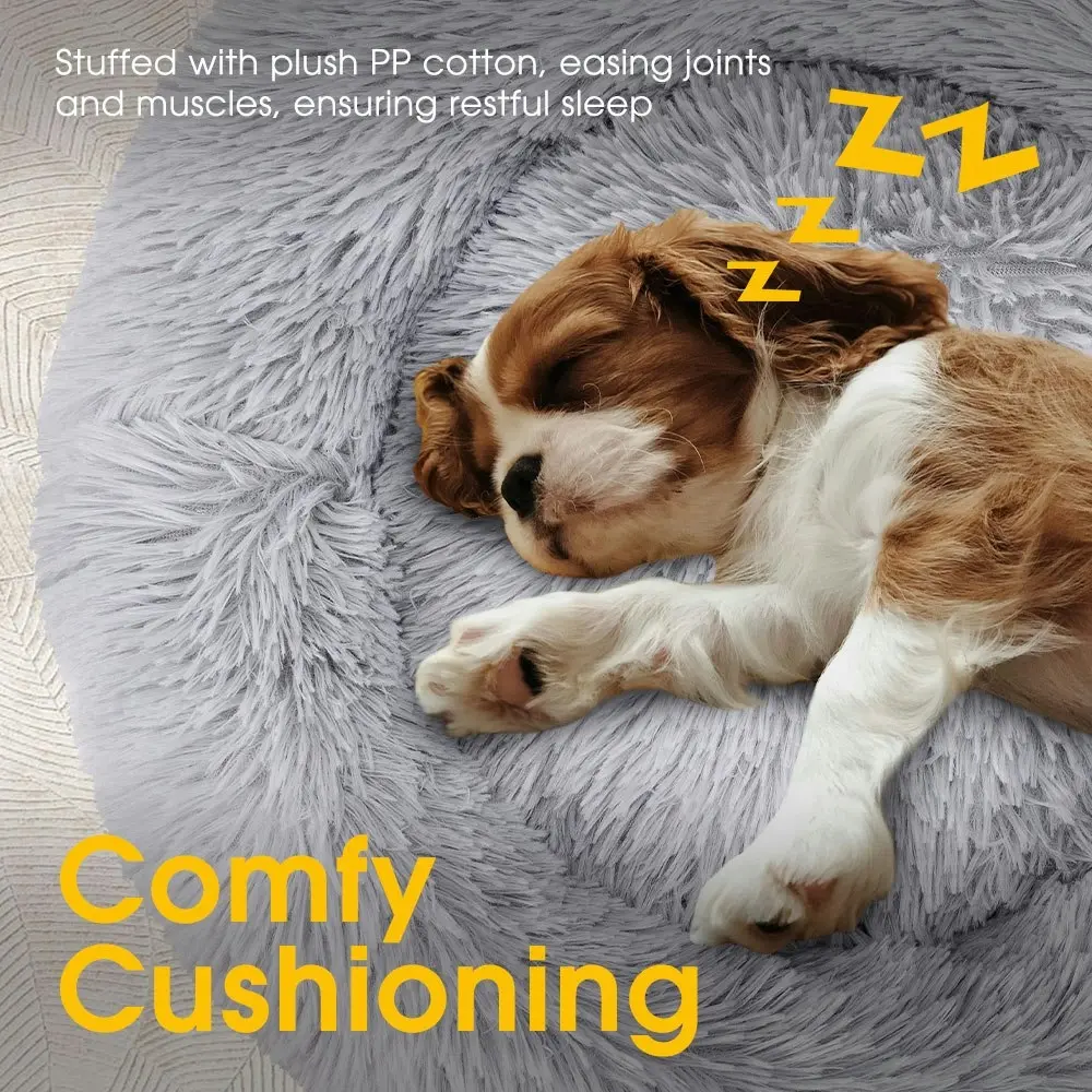 Petzly Dog Cat Calming Bed Warm Soft Plush Round Waterproof 60CM Bed Light Grey