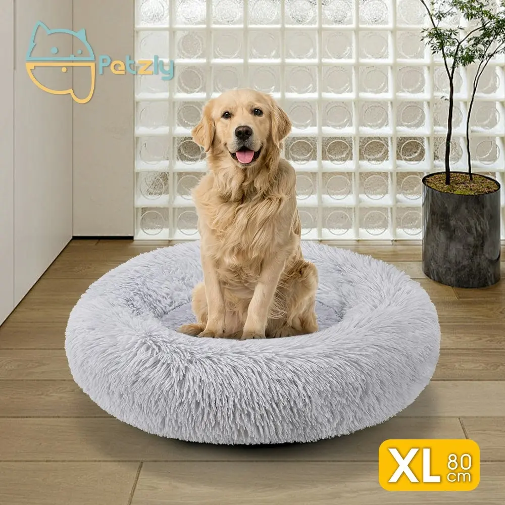 Petzly Dog Cat Calming Bed Warm Soft Plush Round Waterproof 80CM Bed Light Grey