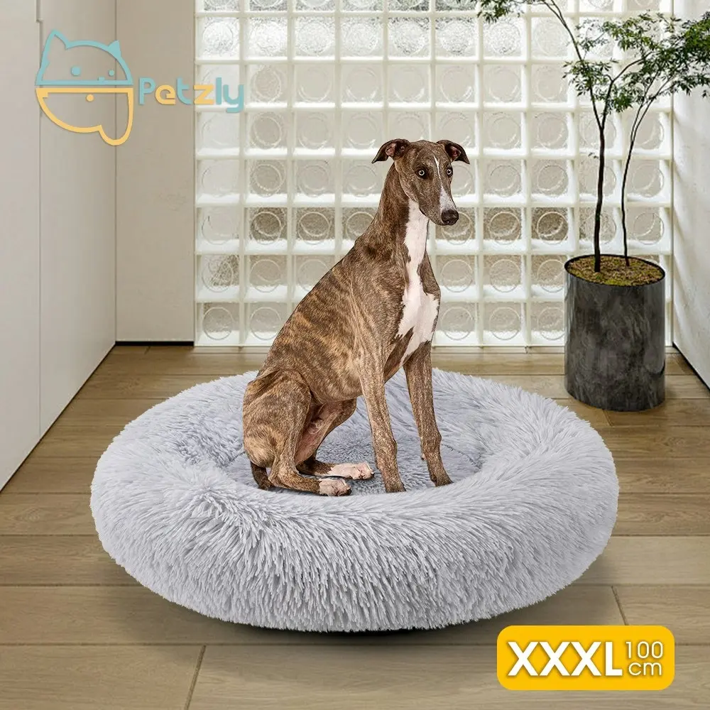 Petzly Dog Cat Calming Bed Warm Soft Plush Round Waterproof 120CM Bed Light Grey