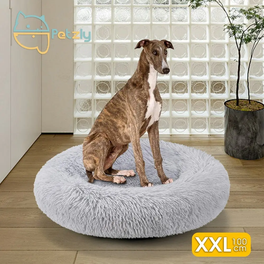 Petzly Dog Cat Calming Bed Warm Soft Plush Round Waterproof 100CM Bed Light Grey