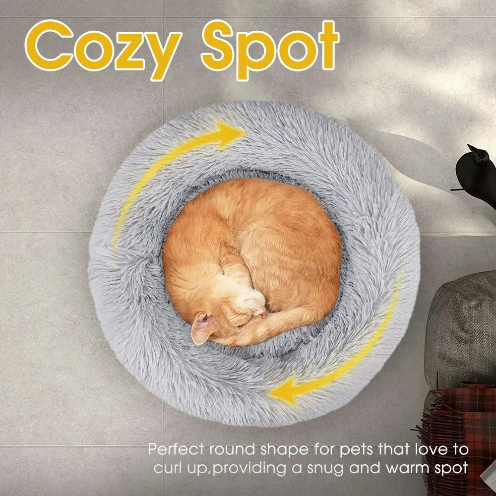 Petzly Dog Cat Calming Bed Warm Soft Plush Round Waterproof 50CM Bed Light Grey