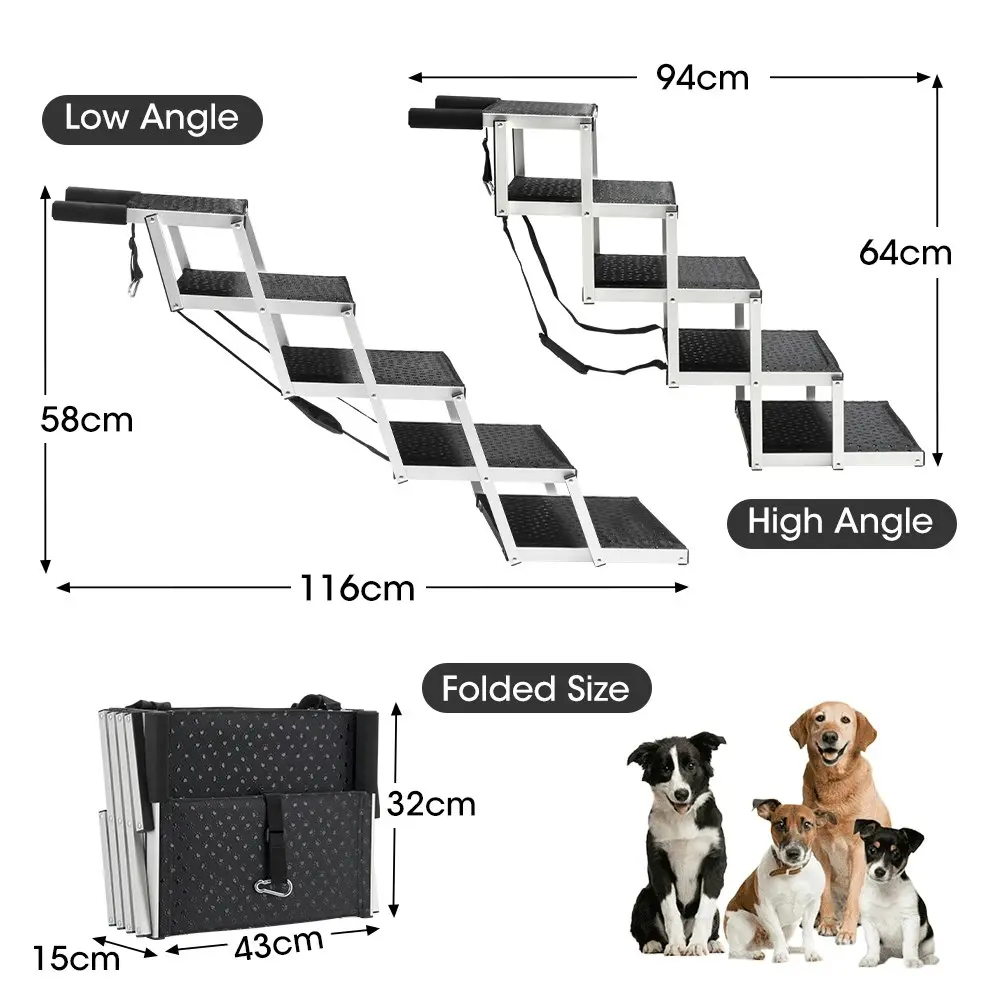 Petzly Foldable Dog Ramps 5 Steps Adjustable Height Dog Stair Portable Aluminium