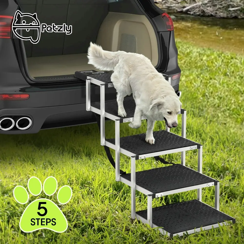 Petzly Foldable Dog Ramps 5 Steps Adjustable Height Dog Stair Portable Aluminium