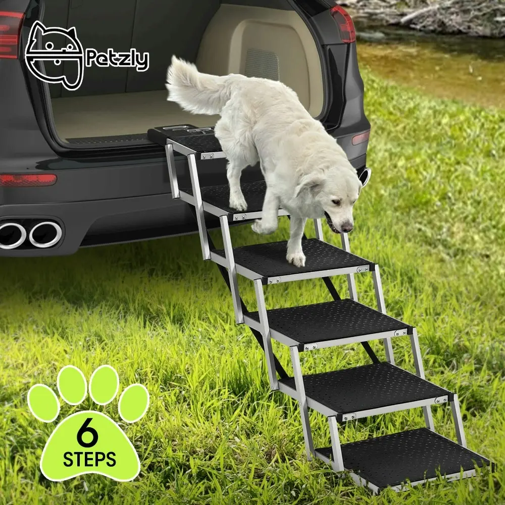 Petzly Foldable Dog Ramps 6 Steps Adjustable Height Dog Stair Portable Aluminium