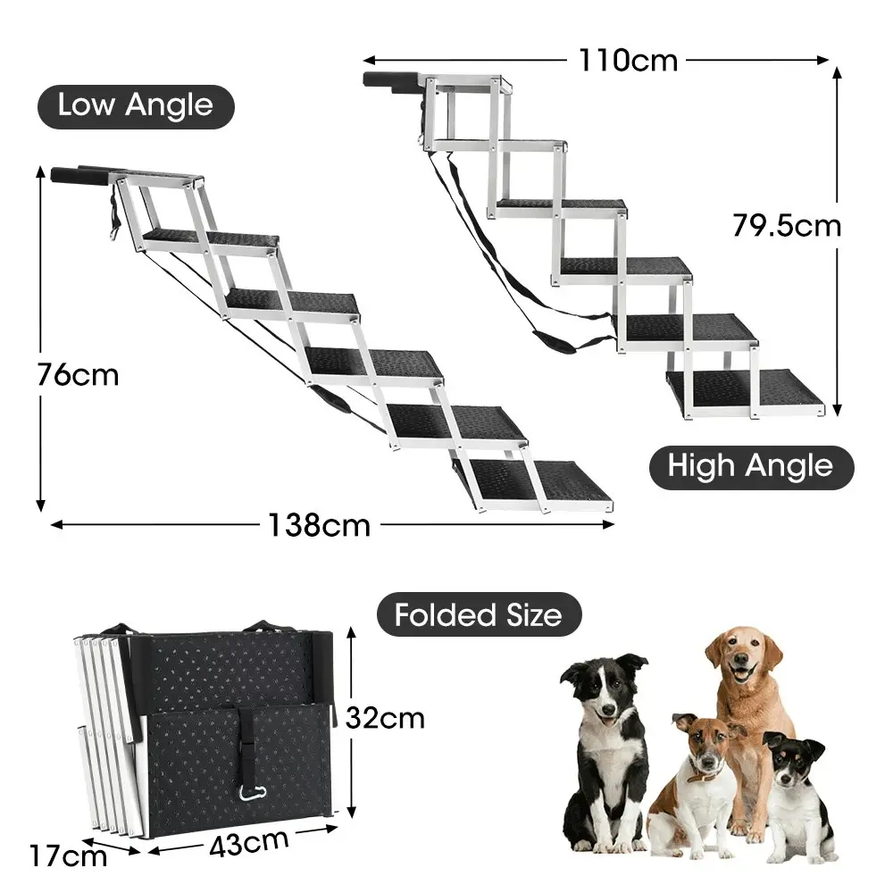 Petzly Foldable Dog Ramps 6 Steps Adjustable Height Dog Stair Portable Aluminium