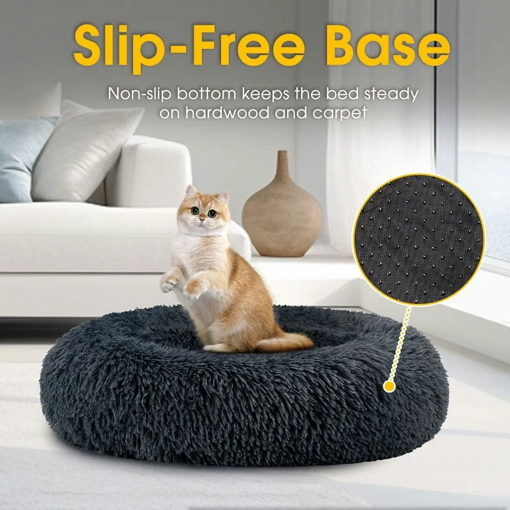 Petzly Dog Cat Calming Bed Warm Soft Plush Round Waterproof 70CM Bed Light Black