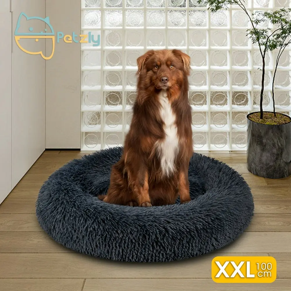 Petzly Dog Cat Calming Bed Warm Soft Plush Round Waterproof 100CM Bed Black