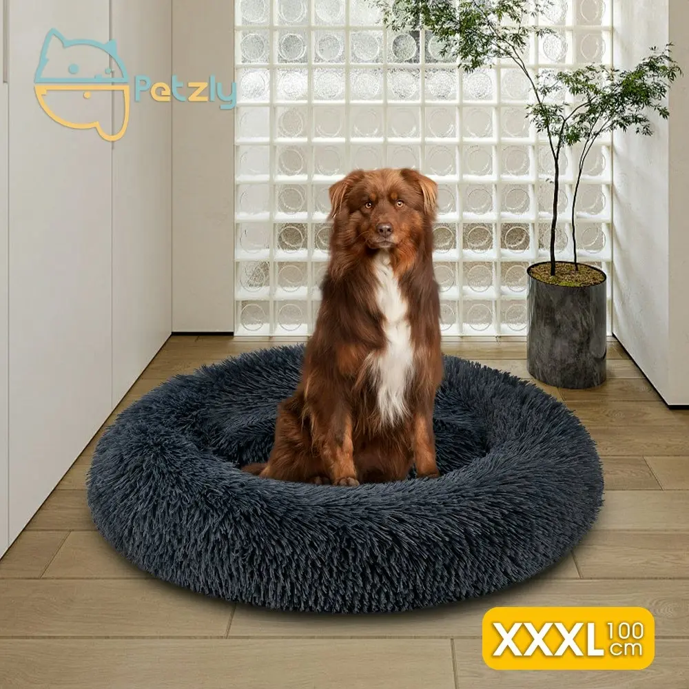 Petzly Dog Cat Calming Bed Warm Soft Plush Round Waterproof 120CM Bed Black