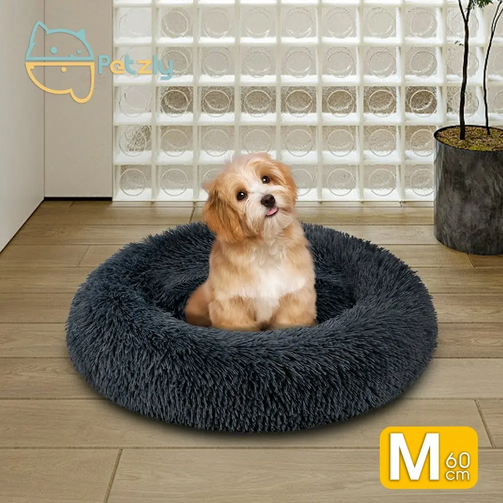 Petzly Dog Cat Calming Bed Warm Soft Plush Round Waterproof 60CM Bed Light Black