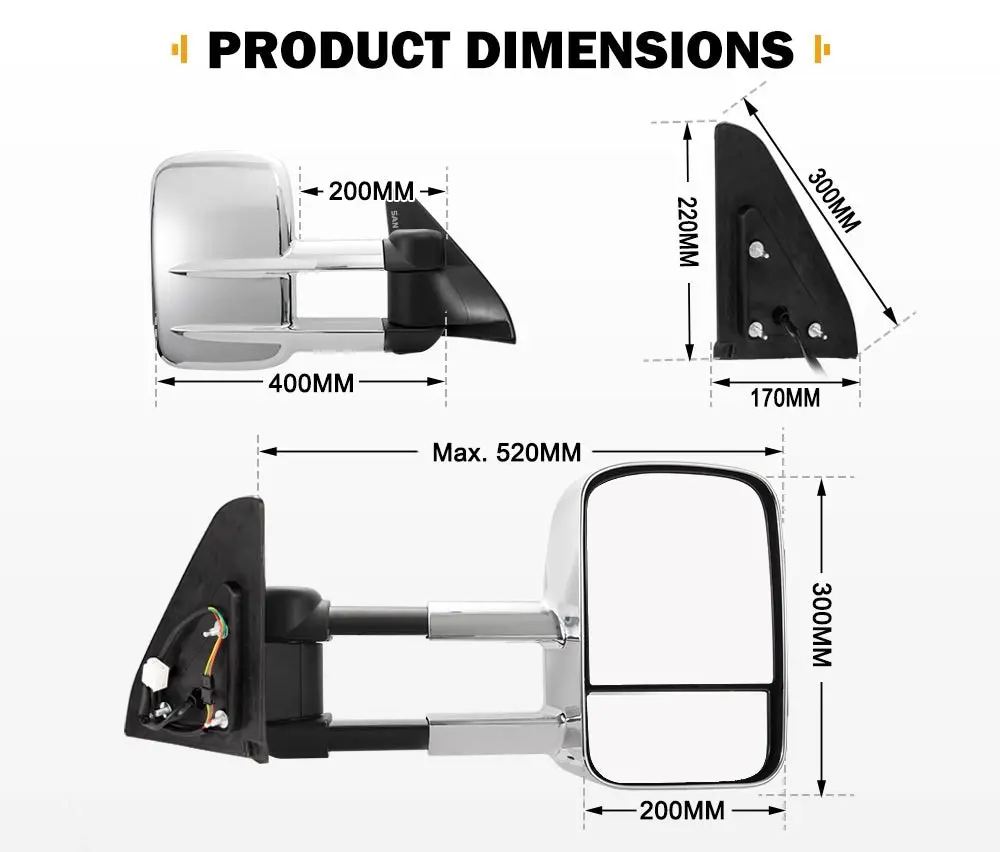 Pair Extendable Towing Mirrors for Toyota Prado 120 Series 2002-2009