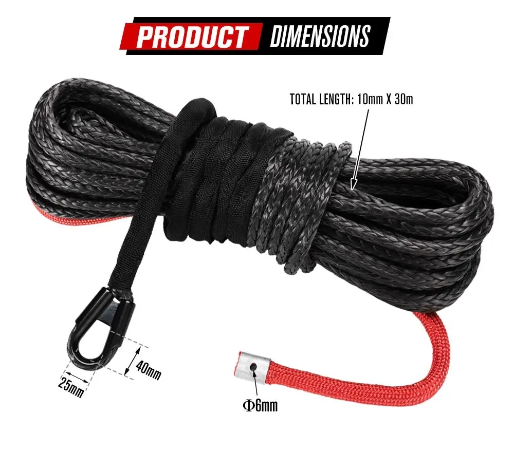 Fieryred Winch Rope 10mm x 30m Dyneema SK75 Synthetic Rope Tow Recovery Offroad 4x4