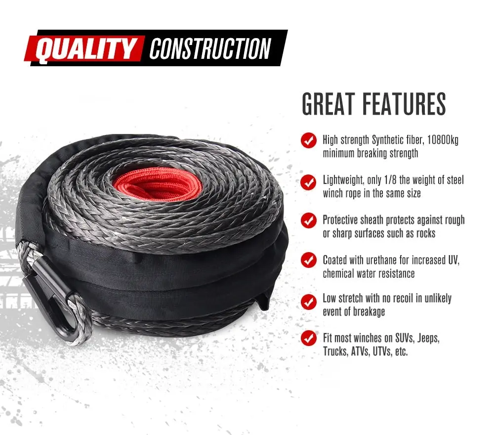 Fieryred Winch Rope 10mm x 30m Dyneema SK75 Synthetic Rope Tow Recovery Offroad 4x4