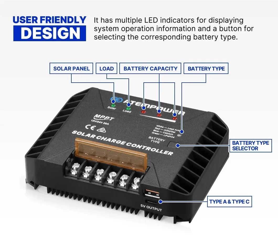 Atem Power 20A MPPT Solar Charge Controller  Regulator 12V/24V Lithium Compatible