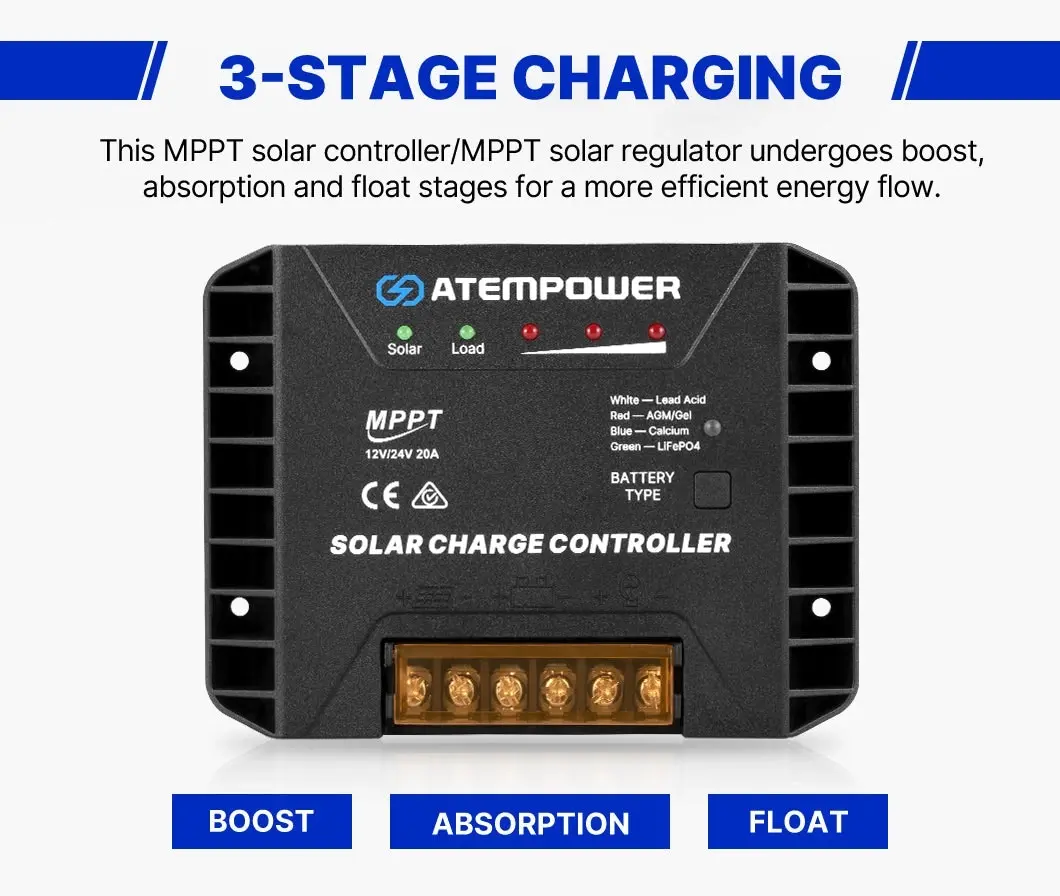 Atem Power 20A MPPT Solar Charge Controller  Regulator 12V/24V Lithium Compatible