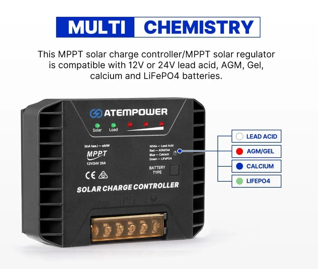 Atem Power 20A MPPT Solar Charge Controller  Regulator 12V/24V Lithium Compatible