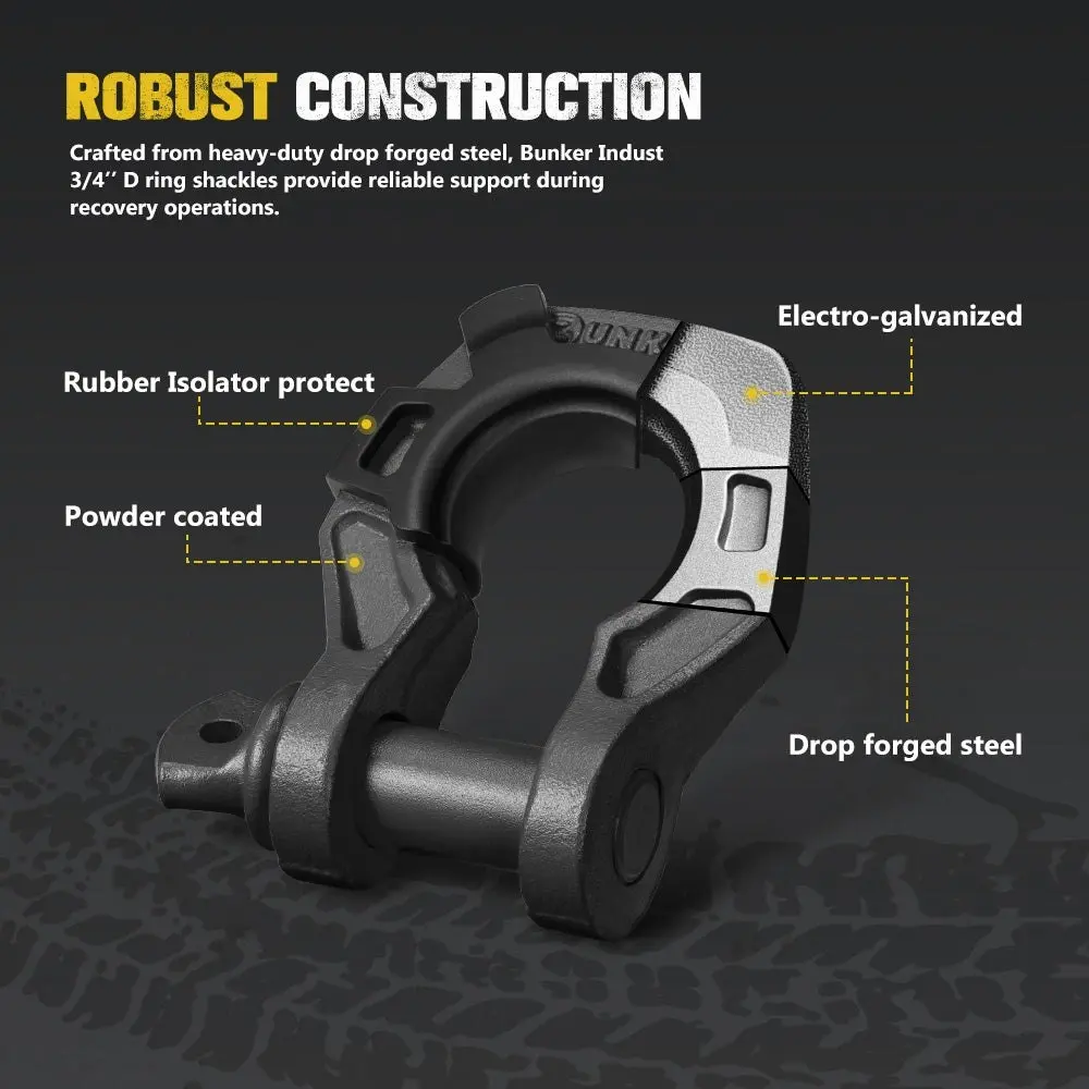 Bunker Indust Pair Bow Shackle 4.75Ton Rated 3/4” D-Ring Black with Isolator