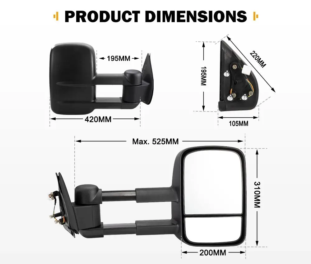 San Hima Pair Extendable Towing Mirrors Fit Ford Ranger 2009-2011