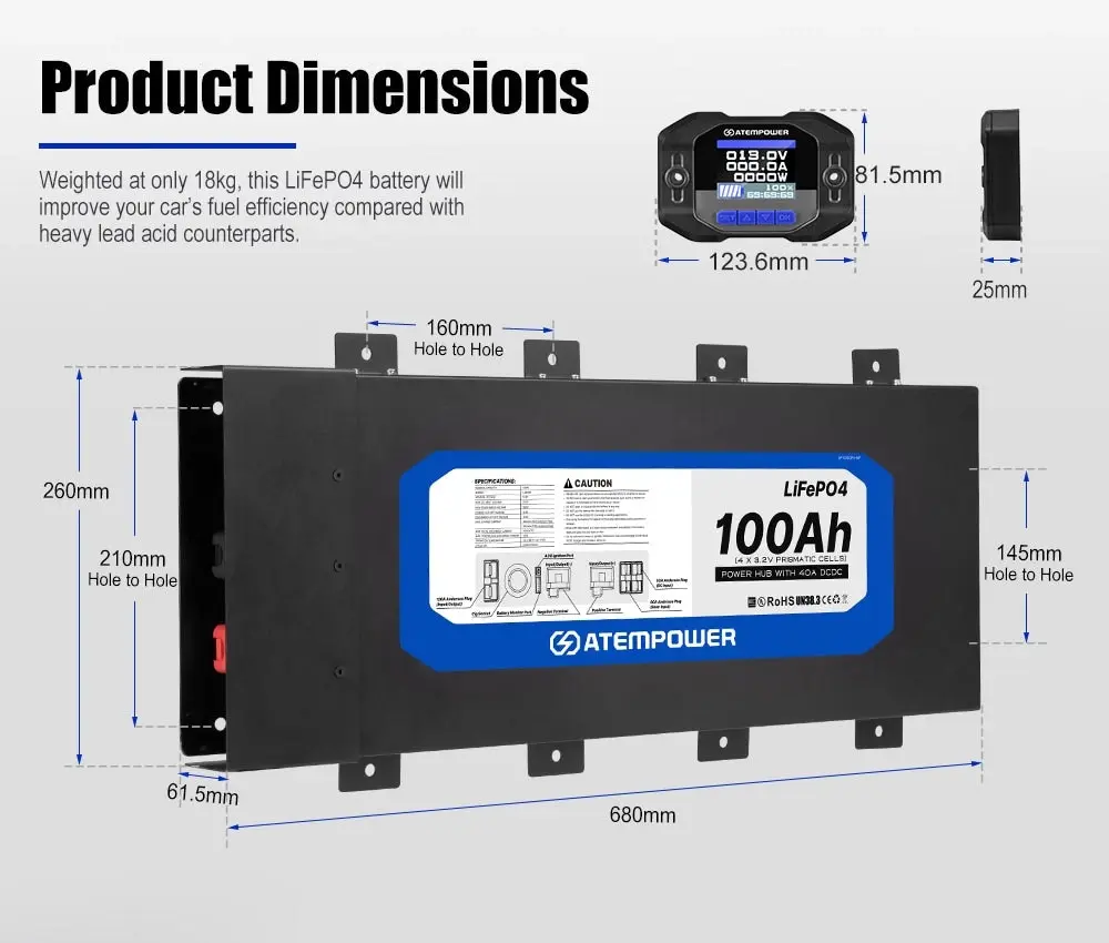 Atem Power 12V 100Ah Slimline Lithium Battery Built-in 40A DC to DC Charger