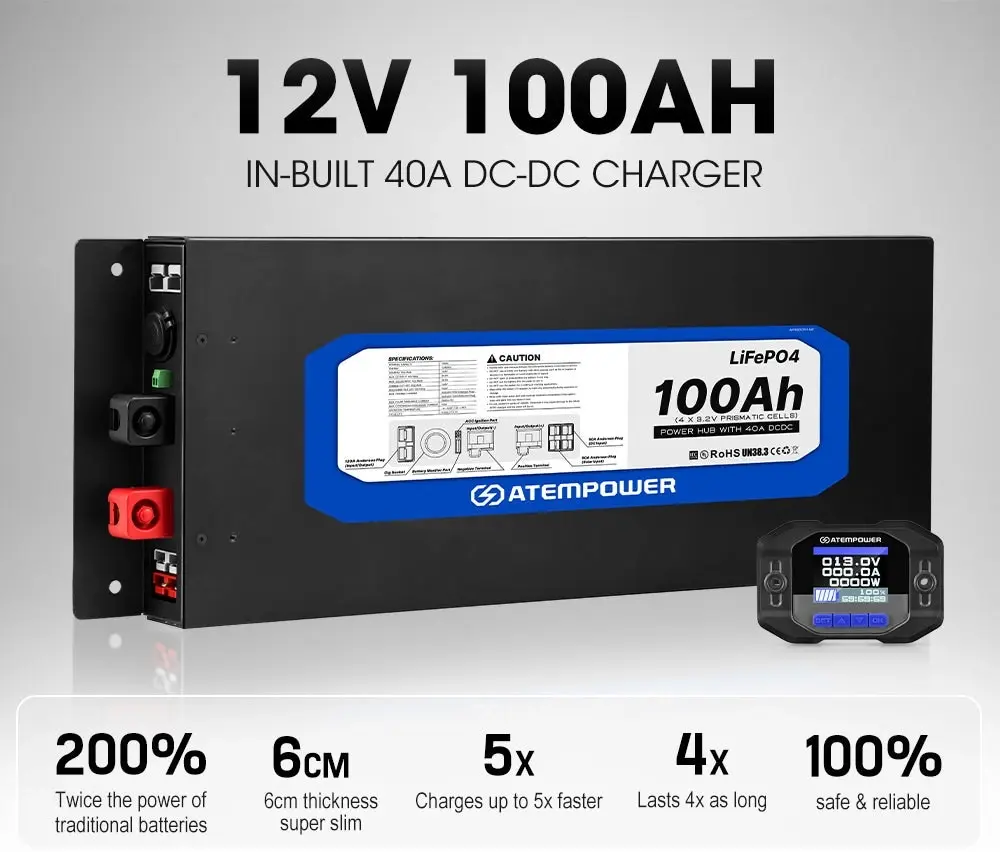 Atem Power 12V 100Ah Slimline Lithium Battery Built-in 40A DC to DC Charger