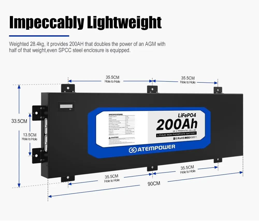 ATEMPOWER 200Ah 12V Slimline Lithium Battery LiFePO4 Deep Cycle 300A BMS 4WD RV