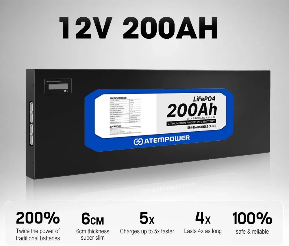 ATEMPOWER 200Ah 12V Slimline Lithium Battery LiFePO4 Deep Cycle 300A BMS 4WD RV