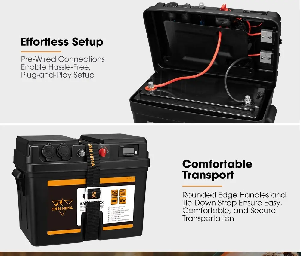San Hima Battery Box Portable 12V Deep Cycle AGM Lithium Universal Camping USB