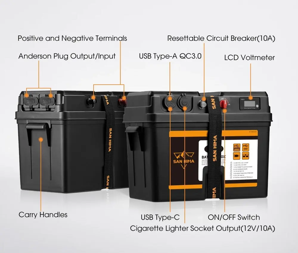 San Hima Battery Box Portable 12V Deep Cycle AGM Lithium Universal Camping USB
