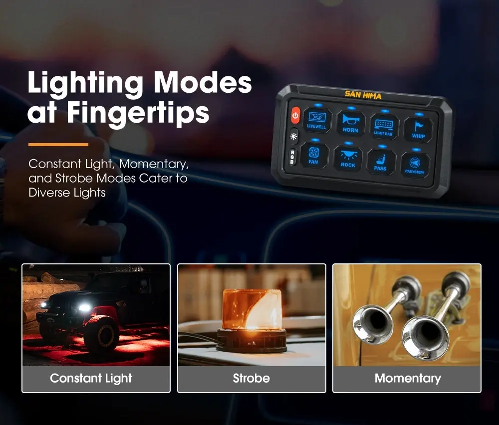 San Hima 8 Gang Bluetooth Switch Panel 12V/24V ON-OFF LED Control For Boat Car