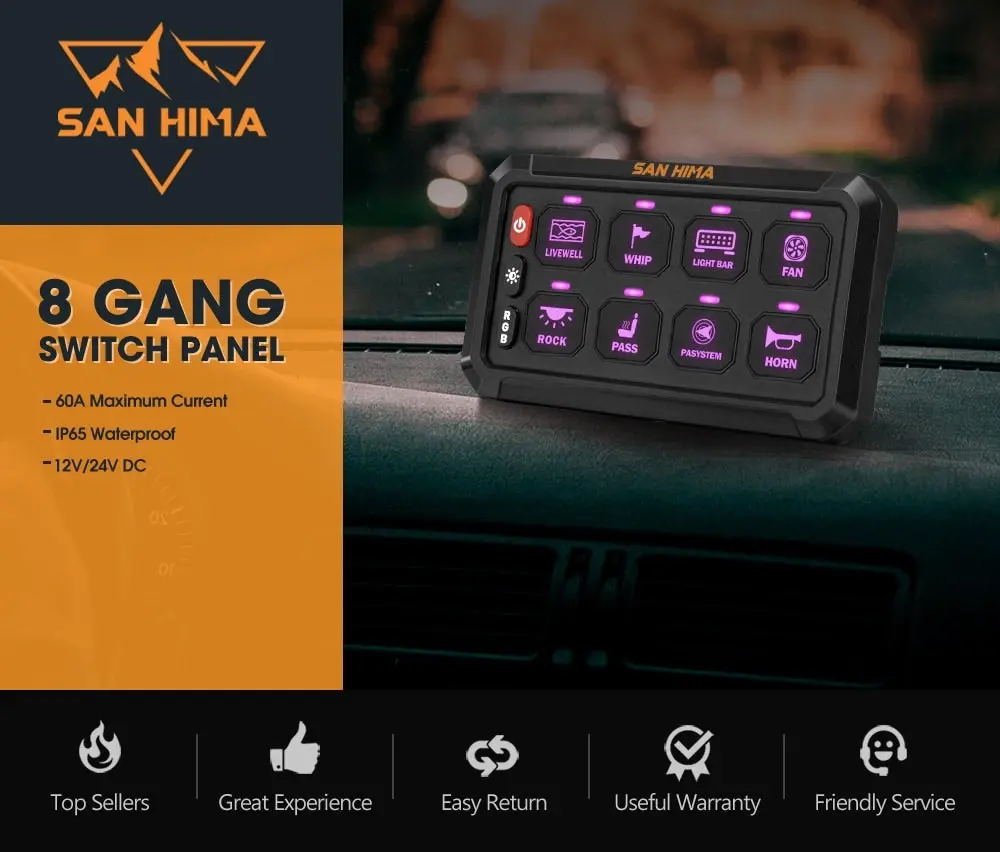 San Hima 8 Gang Bluetooth Switch Panel 12V/24V ON-OFF LED Control For Boat Car