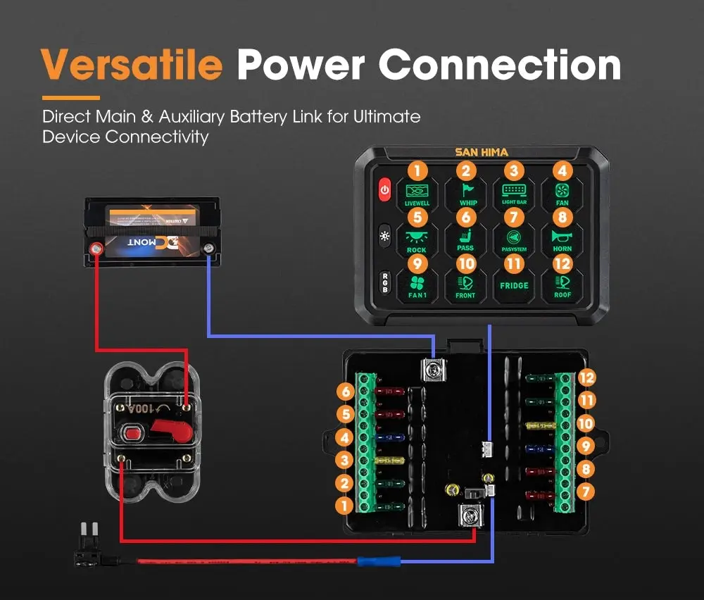 San Hima 12 Gang Bluetooth Switch Panel 12V/24V ON-OFF LED Control For Boat Car