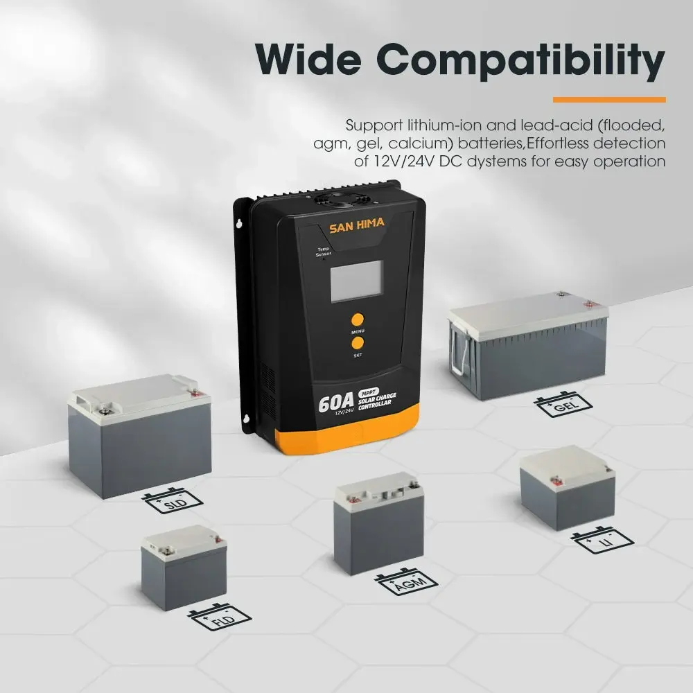 San Hima 60A MPPT Solar Charge Controller 12V 24V With Bluetooth LCD Display