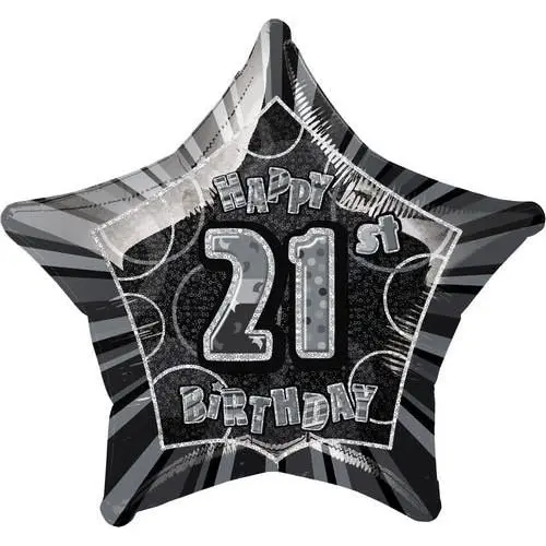 Glitz Black & Silver 21st Birthday Star Foil Balloon