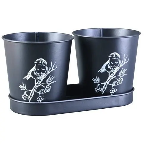 Metal Plant Pots and Tray Bird Print Set