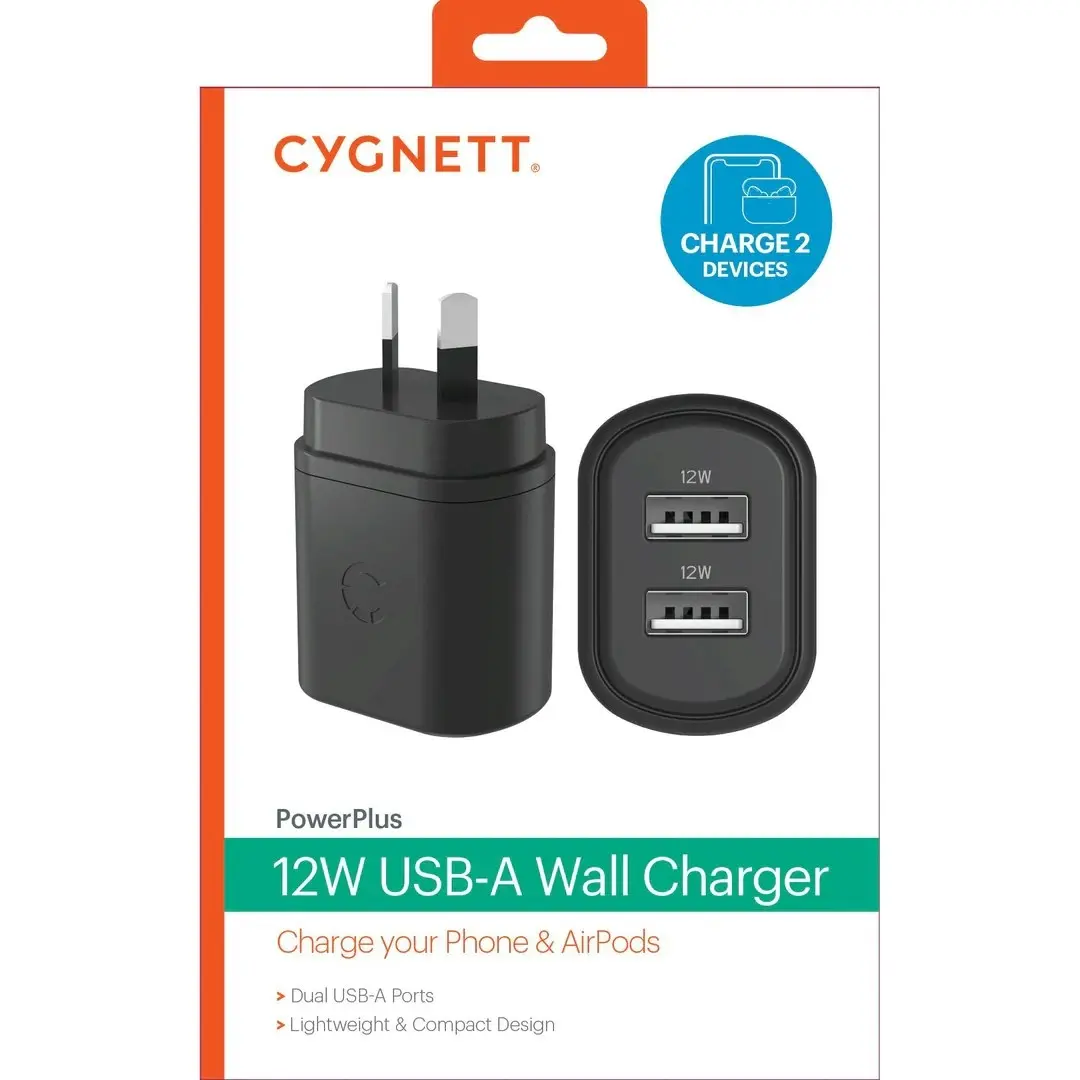 Cygnett Powerplus Dual Port Wall Charger 12w - Black