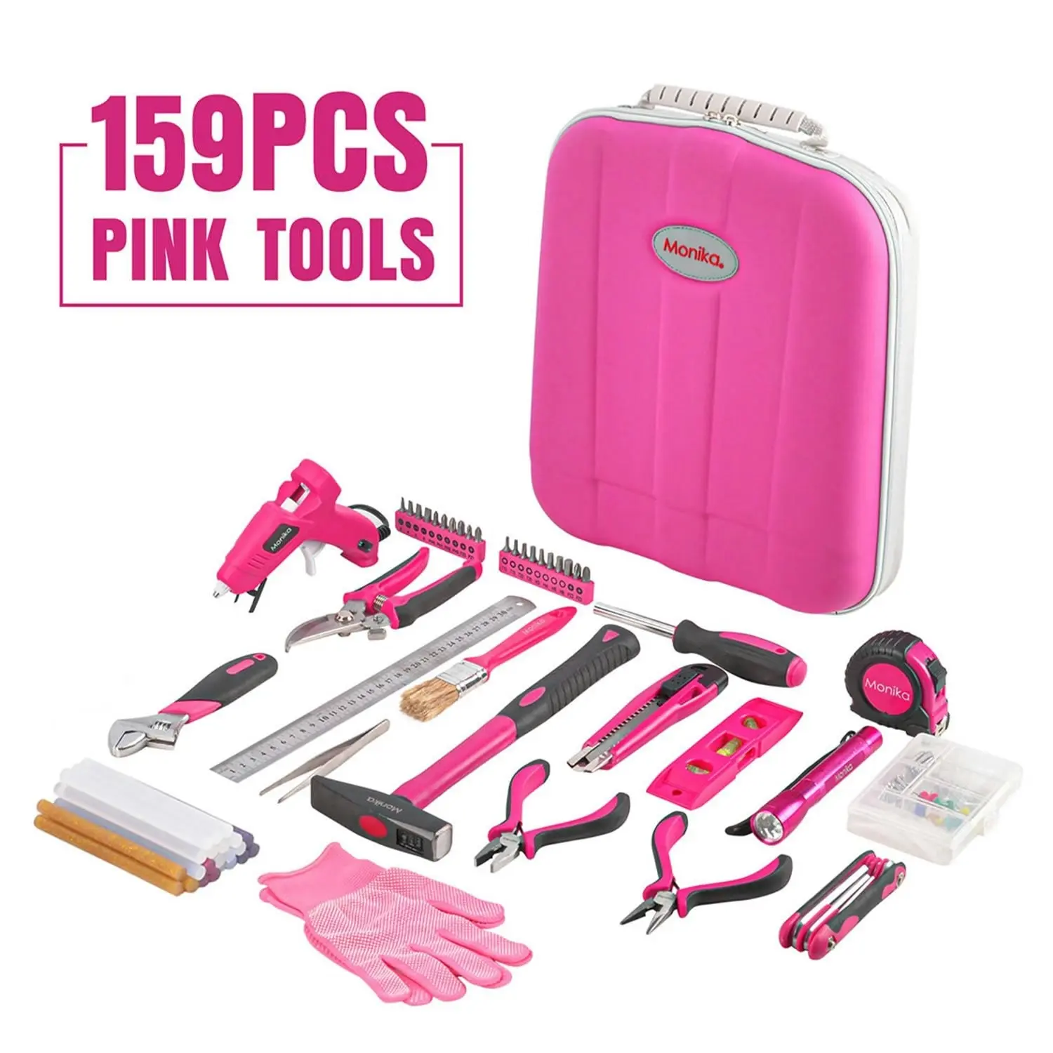 Monika Pink Power Tool Combo Set Cordless Drill Driver Rechargeable Screwdriver ELectric Cutter w/ 159PCS Household Tool Set & 20PCS Gardening Kit