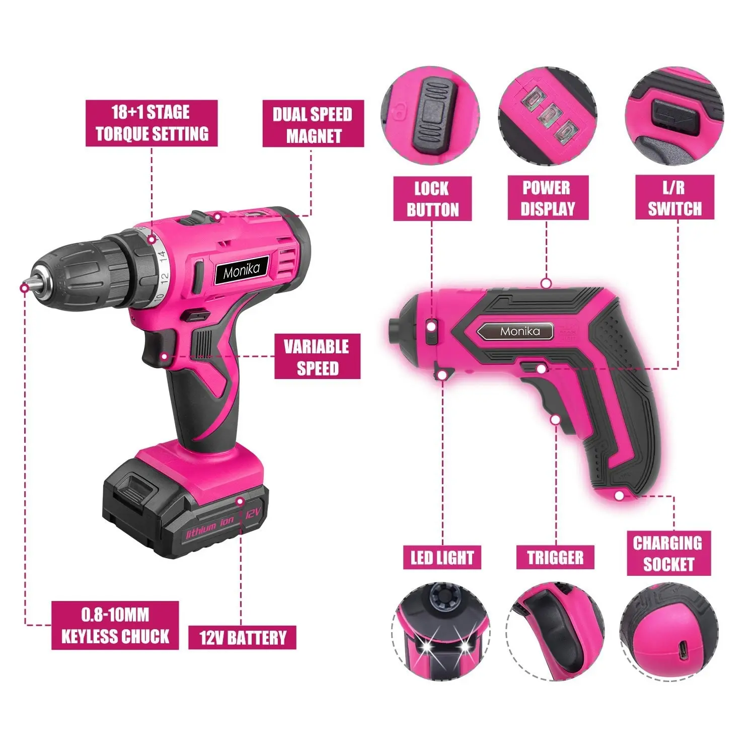 Monika Pink Power Tool Combo Set Cordless Drill Driver Rechargeable Screwdriver ELectric Cutter w/ 159PCS Household Tool Set & 20PCS Gardening Kit