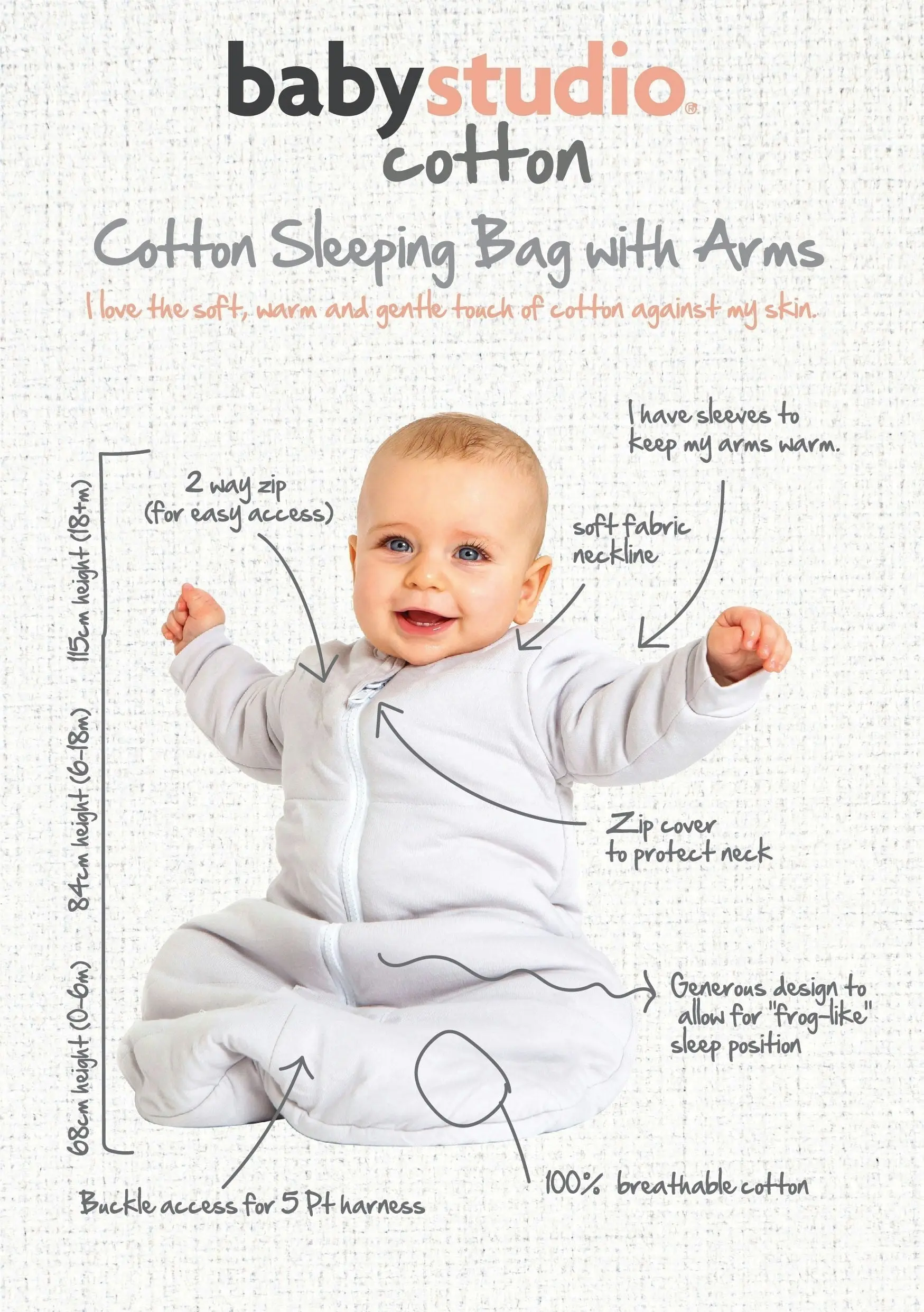 babystudio Sleeping Bag Cotton without arms 2.5TOG (6-18 Months) | babystudio